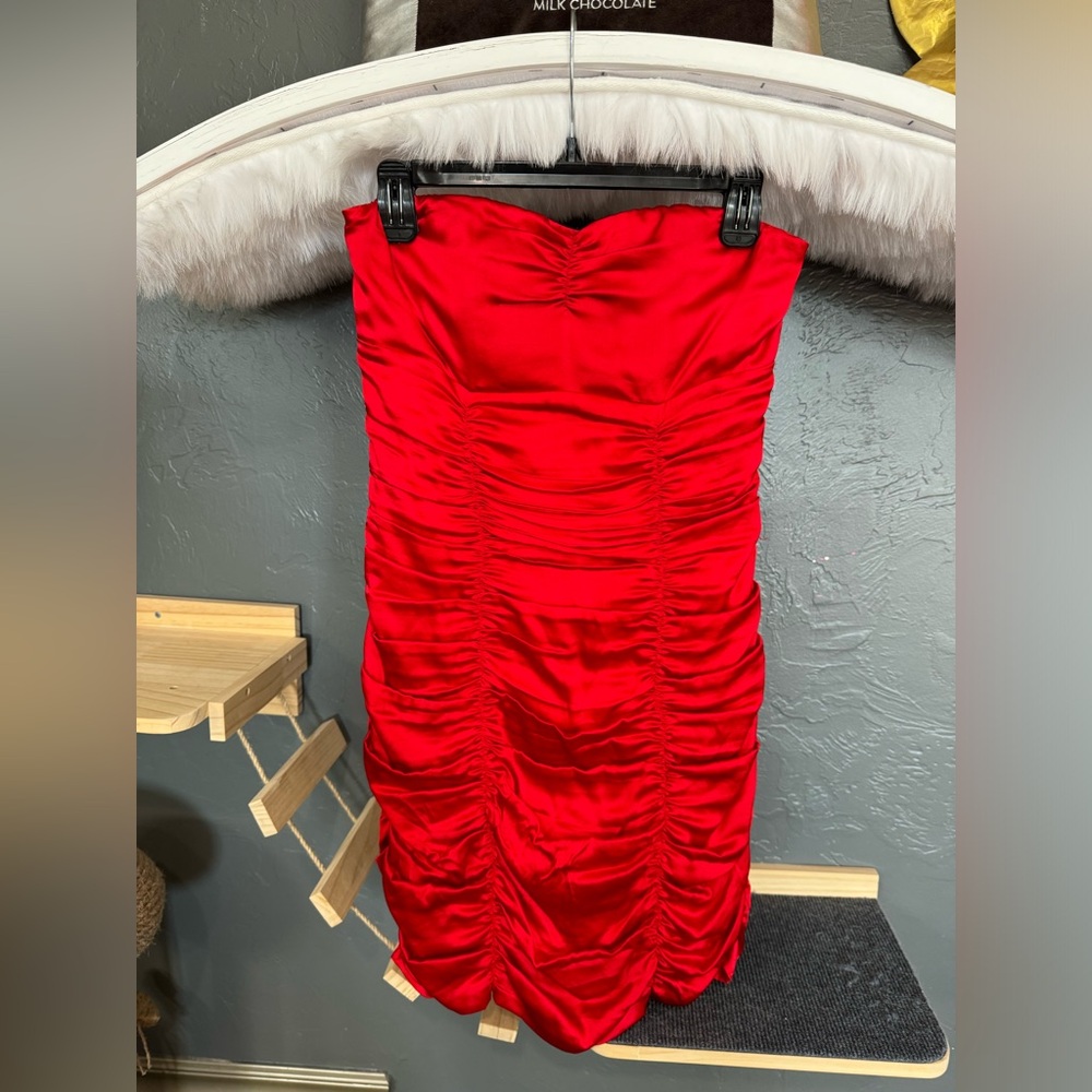 Red Ruched Satin Strapless Dress (6)